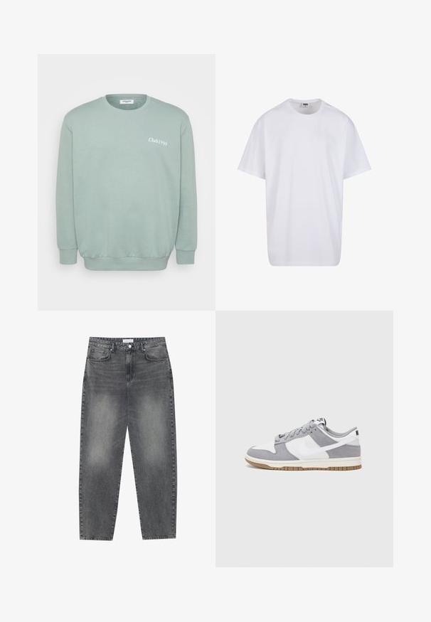 Felpa a maniche lunghe verde menta realizzata in morbido misto cotone. Presenta polsini e orlo a costine, con la scritta "Club1990" stampata in bianco sul davanti.; Maglietta bianca in cotone con maniche corte, scollatura rotonda, vestibilità comoda e senza loghi o motivi visibili. Texture liscia e design minimale.; Jeans a vita alta, dal taglio ampio in denim nero sbiadito. Presentano cinque tasche, passanti per cintura e un design dritto e pulito.; Sneaker grigia e bianca con tomaia in suede e pelle, punta arrotondata, lacci piatti e soletta in gomma con un accento color caramello.