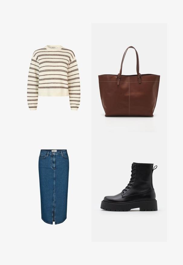 Pull léger beige avec des rayures horizontales marron foncé. Il présente un col rond et des poignets et un ourlet côtelés. Texture douce, coupe courte.; Jupe crayon en denim bleu foncé, avec une fente avant, cinq poches et des coutures contrastées. Taille mi-haute avec un design classique.; Bottines en cuir noir avec un bout rond, un laçage à l'avant et une épaisse semelle en caoutchouc dotée d'un motif texturé. Tirer au dos.; Sac fourre-tout en cuir marron avec poignées doubles, présente des coutures contrastées et un design spacieux, adapté à un usage quotidien.