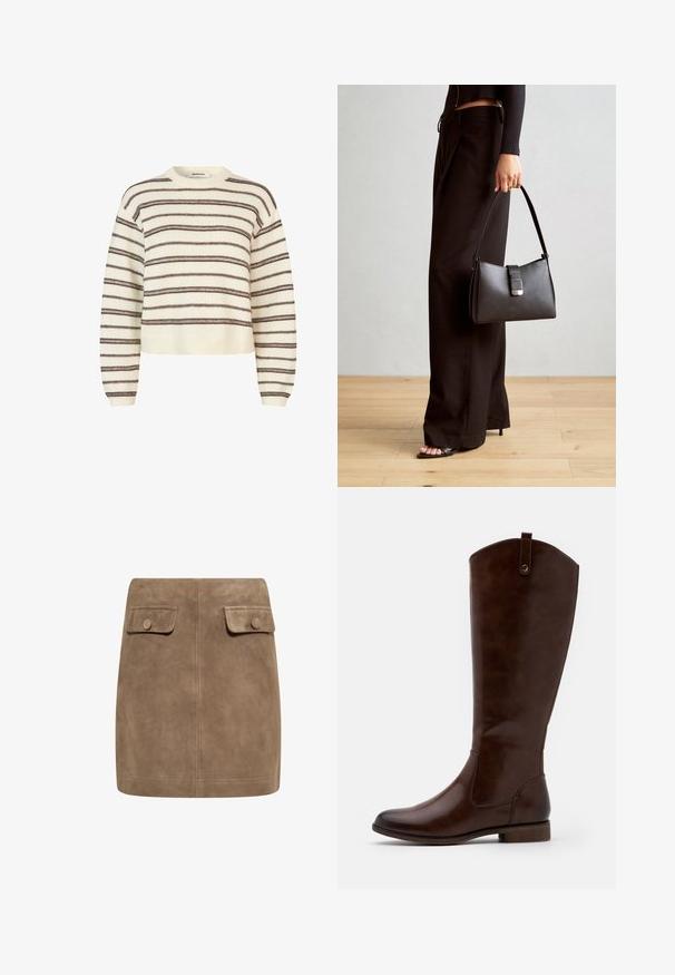 Maglione beige chiaro con strisce orizzontali marrone scuro. Presenta un collo a giro e polsini e orlo ribattuti. Tessuto morbido, vestibilità corta.; Gonna mini in suede marrone con una texture liscia, caratterizzata da due tasche frontali con patta e chiusura a bottoni su entrambi i lati. Design semplice e dritto.; Stivali marroni al ginocchio realizzati in pelle liscia, con punta arrotondata, tacco basso impilato e un motivo di cucitura sottile lungo i lati.; Borsa nera con forma strutturata, texture liscia e una chiusura metallica. Abbinata a pantaloni neri larghi e sandali open-toe su un pavimento in legno.