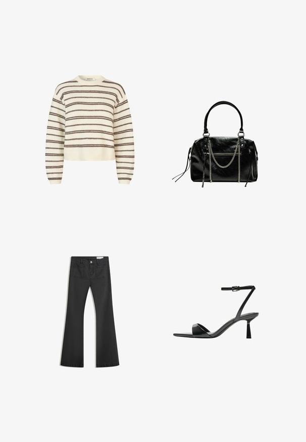 Pulover bej deschis cu dungi orizontale maro închis. Dispune de un gât drept și de manșete și tiv ribbate. Textură moale, croială scurtă.; Blugi negri evazați din denim cu o textură netedă, având două buzunare la spate și închidere cu buton la talie.; Bershka Sandale cu toc - black; Bershka WITH CHAIN - Geantă de mână - black