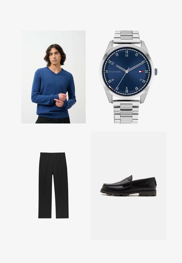 Blauer V-Ausschnitt-Pullover aus weichem Strickmaterial mit gerippten Bündchen und Saum; Modell trägt ihn drinnen vor einem schlichten Hintergrund.; Schwarze Hose mit geradem Schnitt, aus einem glatten Stoff gefertigt. Verfügt über Vorderfalten und einen einzelnen Knopfverschluss an der Taille.; Schwarze Leder-Loafer mit abgerundetem Zehenbereich, dekorativer Naht und strukturiertem Außensohle für besseren Halt. Leicht erhöhter Absatz.; Silberne Metall-Uhr mit einem gebürsteten blauen Zifferblatt, weißen Stundenmarkierungen und einem Datumsanzeiger. Verfügt über ein verlinktes Metallarmband und ein Markenlogo.