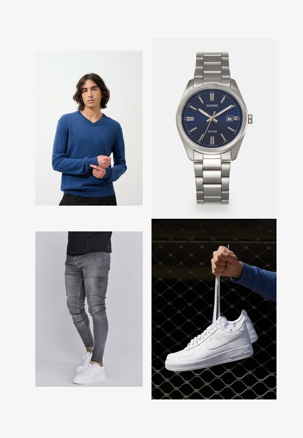 Blauer V-Ausschnitt-Pullover aus weichem Strickmaterial mit gerippten Bündchen und Saum; Modell trägt ihn drinnen vor einem schlichten Hintergrund.; Schlanke Jeans aus ausgebleichtem grauem Denim, mit abgenutzten Details an den Knien, kombiniert mit weißen Sneakers. Glatte Textur, schlanker Schnitt.; Weiße Leder-Sneaker mit Perforationen, runder Zehenpartie, flacher Sohle und dicken Schnürsenkeln, mit sichtbar eingesticktem Swoosh-Logo und "AIR" an der Ferse.; Silberner Armbanduhr aus Edelstahl mit einem dunkelblauen Zifferblatt, metallischen Stundenmarkierungen und einem Datumsfenster bei 3 Uhr. Wasserdicht bis 50 Meter.