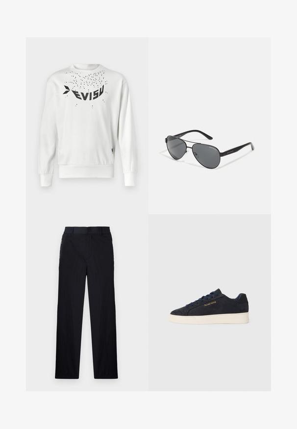 Fehér pulcsi, nagyméretű fekete "EVISU" logóval, szétszórt kisméretű fekete pöttyökkel, bordázott mandzsettákkal és alsó résszel. Puha pamut anyag.; Fekete nadrág könnyű, textúrált anyagból, egyenes szárú kialakítással, rugalmas derékpánttal és oldalsó cipzáras zsebekkel.; Sötétkék velúr, alacsony szárú teniszcipő fehér talppal, sötétkék fűzőkkel és arany színű "Filling Pieces" logóval az oldalán.; Fekete pilóta napszemüveg sötét lencsékkel, vékony fém kerettel és karcsú műanyag karokkal, melyeken logó díszítések találhatók.