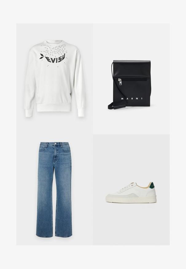 Valkoinen collegepaita, jossa on suuri musta "EVISU" -logo, hajanaisia pieniä mustia pisteitä sekä ribbauskudot hihansuissa ja helmassa. Pehmeä puuvillamateriaali.; Levelederg blå jeans laget av denim med en falmet finish. Har fem lommer, glidelås foran og rett snitt.; Valkoiset tennarit, joissa on nahkaosia, pyöreä kärki, tasaiset nauhat ja kermaisa kumi-pohja. Takana vihreä brändäys.; Musta nahkainen olkalaukku, jossa on vetoketjullinen etutasku, kohokuvioitu logo ja säädettävä hihna. Sujuva tekstuuri ja jämäkkä muoto.