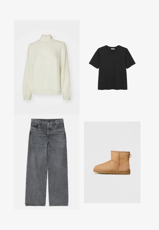 Cremefarbener Strickpullover mit hohem Kragen, halbem Reißverschluss, gerippter Textur und Nachmittag Schultern für eine entspannte Passform.; Schwarzes T-Shirt mit kurzen Ärmeln und Rundhalsausschnitt, aus weichem Baumwollmaterial gefertigt, mit geradem Saum und ohne sichtbare Muster oder Akzente.; Weite Jeans in dunkelgrauem Denim. Verfügt über eine hohe Taille, ein Fünf-Taschen-Design und einen Frontknopfverschluss. Glatte Textur mit subtilen Auswaschungen.; Hellbraune Wildleder-Stiefeletten mit runder Zehenpartie, genähten Details, Ziehschlaufe an der Rückseite und einer strukturierten Gummisohle. Entwickelt für Komfort und Wärme.