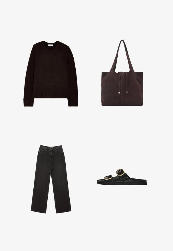 Pull en tricot marron foncé avec col rond, manches longues, et poignets et ourlet côtelés. Texture douce avec une coupe décontractée.; Jean noir à jambe large en denim, ornés de petits motifs à pois, avec un design classique à cinq poches et une fermeture à bouton et zip.; Sandale noire à glissière avec deux accents de boucle en or, en matériau lisse, semelle plate et design minimaliste.; Mango Cabas - dark brown