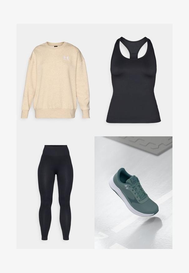 Bēšs sporta krekls, izgatavots no teksturēta auduma, ar apaļu kaklu, garām piedurknēm un mazu baltu logotipu kreisajā krūtī.; Melna sporta bezmaku bouti topa krekls ar pieguļošu dizainu un bezšuvēm, izgatavots no gluda, elastīga auduma.; Melnas ribotas legingi ar augstu jostas vietu, izgatavoti no elastīga materiāla. Iezīmes gluda tekstūra ar vertikālām rakstām.; Tumši teal krāsas Under Armour skriešanas apavi ar baltu zoli, parādīti peldoši virs atstarojošas virsmas ar savīti auklām.