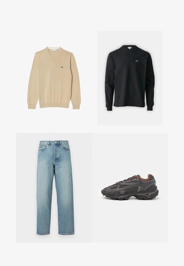 Beige gebreide trui met lange mouwen, ronde hals en geribde manchetten. Voorzien van een klein groen Lacoste-logo op de borst.; Zwarte longsleeve t-shirt van katoen, met een ronde halslijn en een klein groen geborduurd krokodillenlogo op de linkerborst.; Lichtblauwe denim jeans met een losse pasvorm, rechte pijpen, een vijfzakkenontwerp en een knoopsluiting bij de taille. Minimalistische stikdetails.; Lacoste sneakers in donkergrijs van mesh en synthetisch materiaal, met een gestructureerde zool en bruine accenten op de kraag en branding.