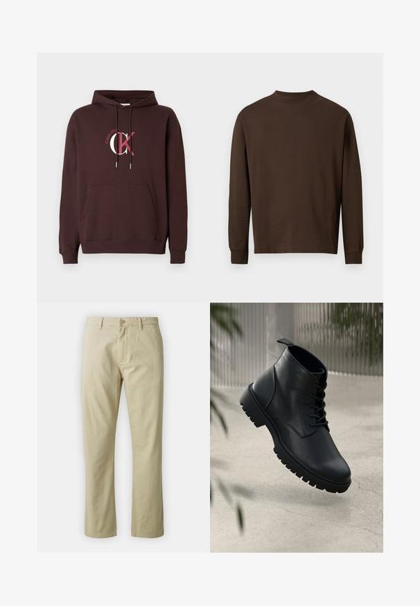 Rudas gobtuvu megztinis su priekyje esančia kišene ir rausvai baltu Calvin Klein CK logotipu ant krūtinės, su raišteliu gobtuvui.; Ruda ilgomis rankovėmis marškiniai, pagaminti iš švelnios medžiagos, su apvaliu kaklu ir tiesiu kirpimu, be matomų raštų ar detalių.; Bežiniai medvilniniai kelnės su tiesiais blauzdomis, priekyje su mygtukų uždarymu ir diržo kilpomis. Lygus paviršius, nėra matomų raštų ar akcentų.; Juodi odiniai auliniai batai su apvaliu pirštu, su raišteliais ir tvirtu guminio pado dizainu. Romus paviršius su kilpeliu gale.