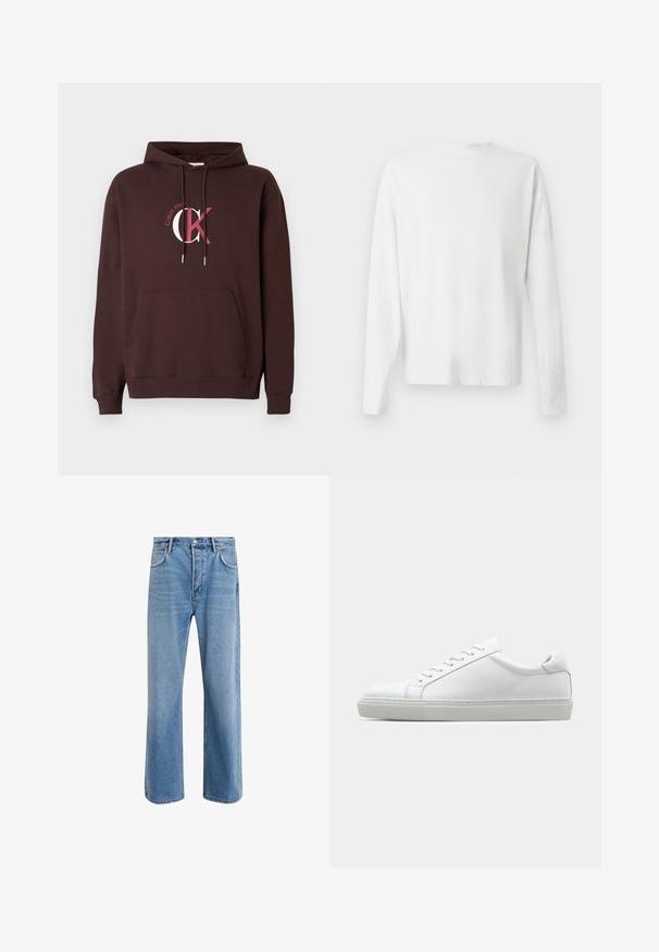Hanorac maro cu glugă, buzunar frontal tip plic și logo Calvin Klein CK roz și alb pe piept, cu glugă prevăzută cu șnur.; Cămașă albă din bumbac cu mâneci lungi, decolteu rotund, fante pe laterale la baza, cu o textură netedă, expusă din spate.; Jeans din denim bleu deschis cu un design drept, cinci buzunare, închidere cu buton, decolorare minimă și detalii de cusătură în contrast.; Adidași albi cu o suprafață din piele netedă și un profil jos. Au un vârf rotunjit, șase orificii pentru șireturi și o talpă din cauciuc texturată.