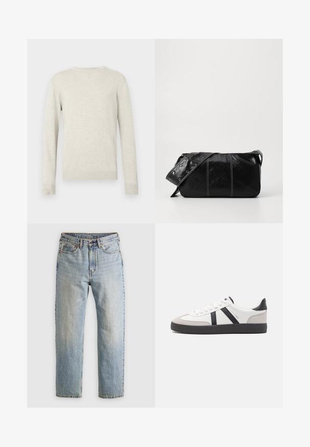 Long-sleeve beige crewneck sweater with ribbed cuffs and hem displayed against a plain white background.; Light blue denim jeans with high waist, front button, zipper, and five-pocket design, laid flat on a neutral background.; White sneaker with black and gray accents, featuring a textured gray toe cap, black rubber sole, and flat white laces. Clean design, minimalist style.; Black leather shoulder bag with a zip closure, featuring a textured body, white stitching, and a strap with silver grommets.