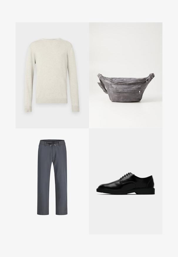 Beige Kapuzenpullover mit langen Ärmeln und gerippten Bündchen und Saum, vor einem schlichten weißen Hintergrund präsentiert.; Grau, elastische Bundhose mit Kordelzug. Gerades Bein Design, aus glattem Stoff gefertigt, mit minimaler Naht und ohne sichtbare Hardware.; Schwarze Lederdressschuhe mit glatter Oberfläche, rundem Zehenbereich, schnürbarem Design und unauffälliger Gummisohle für besseren Halt.; Graue Wildleder-Gürteltasche mit runder Form, zwei mit Reißverschluss verschlossenen Fächern und verstellbarem Trageriemen. Mit metallischen Hardware-Akzenten.