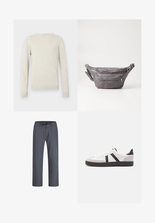 Beige svetr s dlouhým rukávem a kulatým výstřihem, s ribbovanými manžetami a spodním lemem, vystavený na bílém pozadí.; Šedé kalhoty s elastickým pasem a šňůrkou. Rovný střih, vyrobené z hladké tkaniny, mají minimální švy a žádné viditelné kovové prvky.; Bílé tenisky s černými a šedými akcenty, opatřené texturovaným šedým prstovým krytem, černou gumovou podrážkou a plochými bílými tkaničkami. Čistý design, minimalistický styl.; Šedý semišový ledvinka s kulatým tvarem, dvěma zipovými přihrádkami a nastavitelným popruhem. Obsahuje kovové akcenty.
