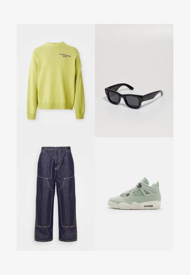 Lichtgroene gebreide trui met een geribde halslijn en mouwen. Bevat een paarse "Carhartt WIP" logo op de achterkant, met een losse pasvorm.; Carhartt WIP NASH PANT SMITH - Relaxed fit jeans - blue rinsed; Lichtgroene sneaker met leren bovenkant, meshpanelen, witte zool en opvallende accenten. Voorzien van veters en luchtkussen in de hiel.; Zwarte zonnebril met een glanzende afwerking, rechthoekig frame, donkere lenzen en gouden logo-accenten op de pootjes. Twee gouden stippen op elke voorkant hoek.; Gouden metalen ketting met grote, in elkaar grijpende schakels en een veilige sluiting. Gladde, glanzende oppervlakte met een gepolijste afwerking.