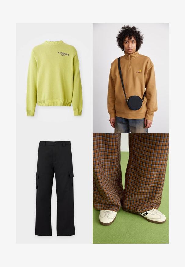 Light green knitted sweater with a ribbed neckline and cuffs. Features a purple "Carhartt WIP" logo on the back, with a relaxed fit.; Black cargo pants with a straight leg design. Made from durable fabric, featuring two side pockets with flap closures and a button fly.; Brown and blue plaid wide-leg trousers paired with white shoes featuring black accents and textured soles, set against a green background.; Brown quarter-zip fleece sweatshirt with embroidered logo, featuring a black round crossbody bag with a zipper and logo detail, worn over denim.