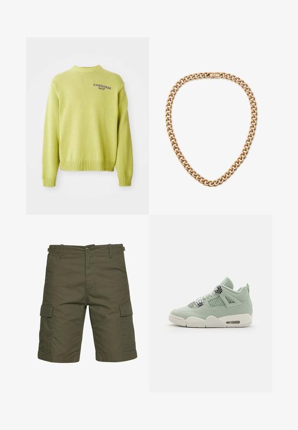 Pull en maille vert clair avec un col et des poignets côtelés. Présente un logo "Carhartt WIP" violet au dos, avec une coupe décontractée.; Shorts cargo vert olive en tissu léger, comportant deux poches latérales avec rabats, des passes-ceinture et une fermeture à bouton.; Sneaker vert clair avec tige en cuir, panneaux en mesh, semelle blanche et accents distinctifs. Dispose de lacets et d'un amorti d'air au niveau du talon.; Collier en métal doré avec une chaîne présentant de grands maillons entrelacés et un fermoir sécurisé. Surface lisse et brillante avec une finition poli.