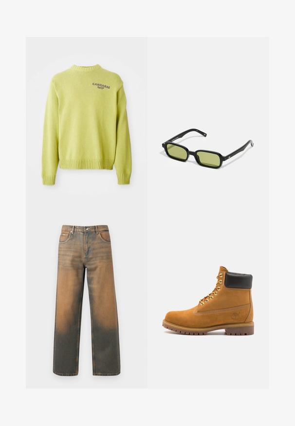 Gaiši zaļš adīts džemperis ar ribotu apkakli un aprocēm. Aizmugurē ir purpursarkans "Carhartt WIP" emblēma, ar brīvu piegriezumu.; Platas kāju džinsi novecojušajā zilā un brūnā denimā. Ievērojams augsts viduklis, priekšējās kabatas un klasiskā pogu aizdare ar metāliskām akcentiem.; Brūna zamša potīte ar melnu izšuvumu ap kaklu, zelta metāla acu caurumi, balta šuvju apdare un izturīgs gumijas zole ar izteiktu zīmējumu.; Melni saulesbrilles ar leņķainu dizainu, zaļiem stikliem un gludām plastmasas rāmēm. Ar zelta akcentiem uz tempļiem.