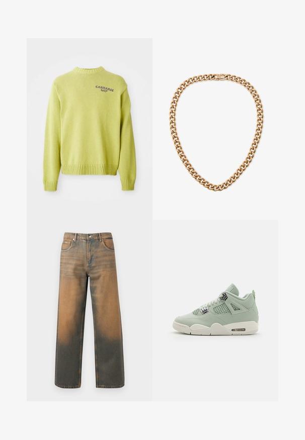 Lichtgroene gebreide trui met een geribde halslijn en mouwen. Bevat een paarse "Carhartt WIP" logo op de achterkant, met een losse pasvorm.; Wijd-uitlopende jeans in verouderd blauw en bruin denim. Heeft een hoge taille, voorzakken en een klassieke knoopsluiting met metalen accenten.; Lichtgroene sneaker met leren bovenkant, meshpanelen, witte zool en opvallende accenten. Voorzien van veters en luchtkussen in de hiel.; Gouden metalen ketting met grote, in elkaar grijpende schakels en een veilige sluiting. Gladde, glanzende oppervlakte met een gepolijste afwerking.