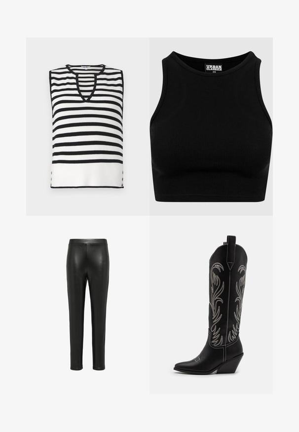 Schwarz-weiß gestreifter ärmelloser Top mit V-Ausschnitt, gerippter Textur und dekorativen Knöpfen an den Seiten. Leichtes Strickmaterial.; Schwarzes geripptes Cropped-Top mit rundem Ausschnitt und ärmellosem Design. Hergestellt aus einem dehnbaren, strukturierten Stoff. Etikett mit der Aufschrift "Urban Classics."; Schwarze Lederleggings mit einer taillierten Passform, glatter Textur und hoher Taille. Die Beine verjüngen sich bis zur Knöchellänge, ohne sichtbare Hardware.; Schwarze Leder-Cowboy-Stiefel mit spitzen Zehen, Keilabsätzen und silbernen, gestickten Blumenmustern entlang des Schafts. Kontrastnähte über das gesamte Design.