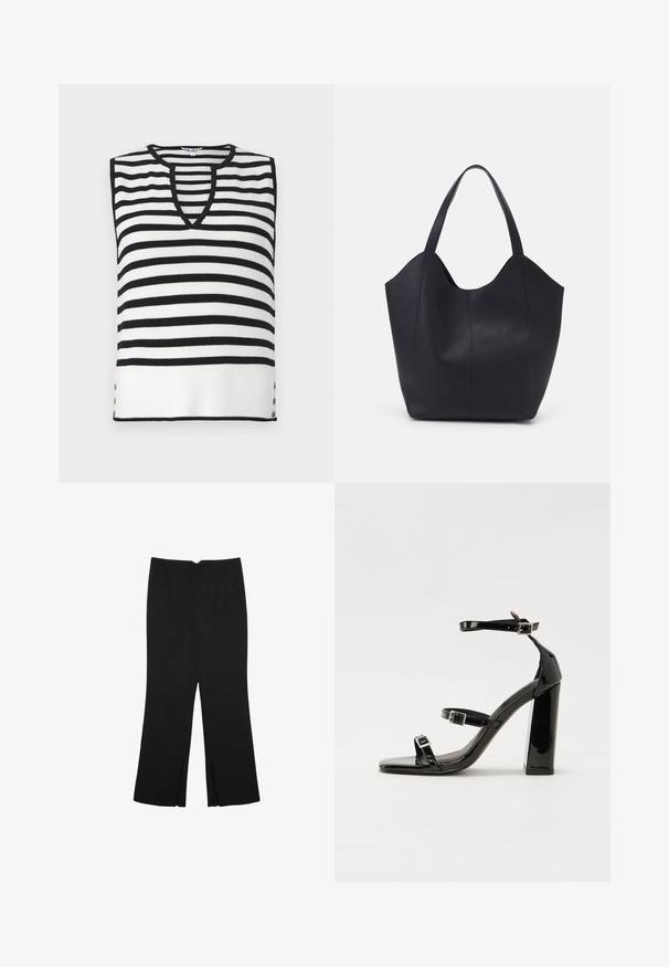 Schwarz-weiß gestreifter ärmelloser Top mit V-Ausschnitt, gerippter Textur und dekorativen Knöpfen an den Seiten. Leichtes Strickmaterial.; Schwarze Hose mit geradem Schnitt, ausgestattet mit Fronttaschen und Seitenschlitzen am Saum. Hergestellt aus weichem, glattem Stoff. Geeignet für verschiedene Anlässe.; Schwarze patentierte Sandalen mit Absatz, quadratischer Spitze, Knöchelriemen und silbernen Schnallen. Mit einem stabilen Blockabsatz für mehr Stabilität.; Schwarze Tote-Bag aus glattem Leder, mit einem abgerundeten, offenen Oberteil, zwei Schulterträgern und einem minimalistischen Design.