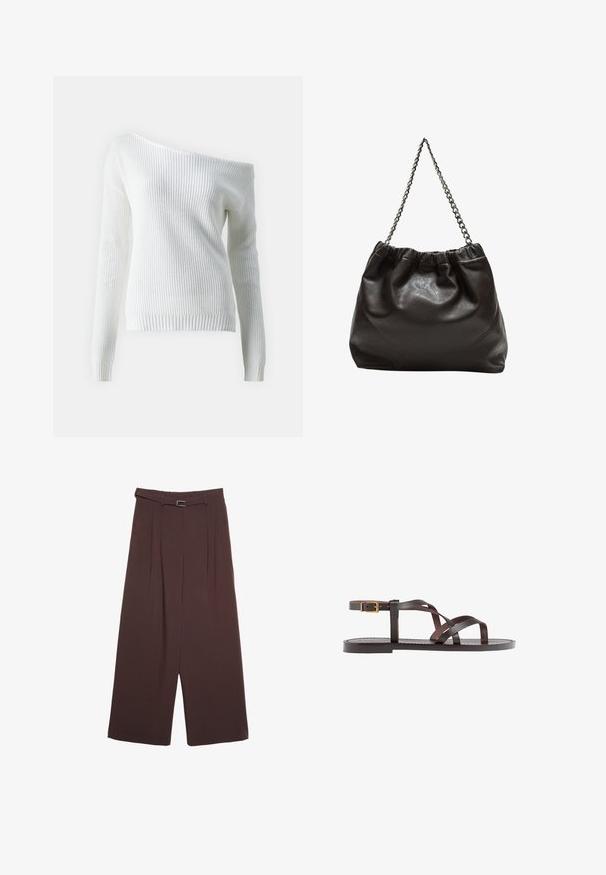 Weißer Off-Shoulder-Pullover aus geripptem Strickstoff, mit langen Ärmeln, einem taillierten Saum und einem strukturierten Muster im gesamten Design.; Stradivarius WIDE-LEG WITH BUCKLE DETAIL - Stoffhose - dark brown; Braune Leder-Sandale mit überkreuzten Riemen, einem Knöchelriemen mit Schnalle und einer flachen Sohle mit minimalen Nähdetails.; Braune Lederhandtasche mit gerafftem Oberteil und Kettenriemen. Glatte Textur mit glänzendem Finish und subtilen Nahtdetails an den Seiten.