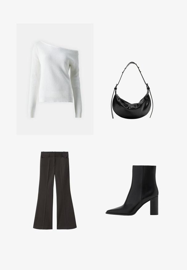 Off-shoulder witte trui gemaakt van ribbelgebreide stof, met lange mouwen, een aansluitende zoom en een textuurpatroon door het geheel.; Zwarte flared broek met een hoge taille; beschikt over twee voorkeurszakken en een gladde stoftextuur. Geschikt voor verschillende gelegenheden.; Zwarte leren enkellaars met een spitse neus, vierkante hak, een gladde textuur en stikdetails langs de naden. De hakken zijn ongeveer 8,9 cm hoog.; Zwarte leren handtas met een halve maan vorm, gladde textuur en verstelbare schouderband, met subtiele hardware accenten. Rits sluiting zichtbaar.