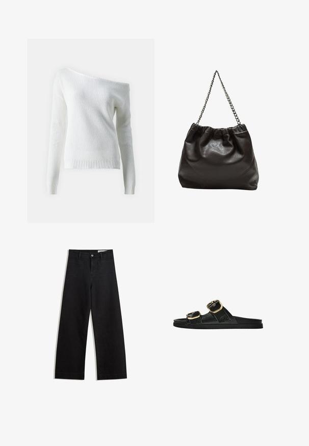 Bílý svetr bez ramenních švů vyrobený z žebrovaného úpletu, s dlouhými rukávy, přiléhavým lemem a strukturovaným vzorem po celém povrchu.; Černé denimové kalhoty s volným střihem a vysokým pasem, vybavené předními a zadními kapsami, prošívanými švy a knoflíkovým zapínáním. Hladká textura.; Černé kluzné sandály s dvěma zlatými sponami, hladkým texturovaným materiálem, plochou podrážkou a minimalistickým designem.; Hnědá kožená taška se sbíraným vrškem a řetízkovým popruhem. Hladký povrch s lesklým finišem a jemným švem na bocích.