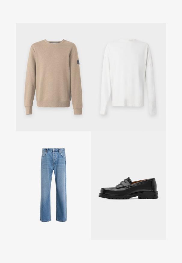 TOM TAILOR STRUCTURED CREW NECK - Sweatshirt - palm cashmere structure; Langärmliges weißes Baumwollhemd mit rundem Ausschnitt, seitlichen Schlitzen am unteren Rand und glatter Textur, von hinten präsentiert.; Helle blaue Jeans im Geradeschnitt-Design, mit fünf Taschen, Knopfverschluss, minimaler Ausbleichung und kontrastierenden Nähdetails.; Schwarze Lederloafer verfügen über eine erhöhte Naht, zwei dekorative Riemen im oberen Bereich und eine dicke, strukturierte Sohle für zusätzlichen Halt.