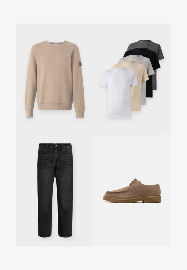 TOM TAILOR STRUCTURED CREW NECK - Sweatshirt - palm cashmere structure; Sæt af fem kortærmede t-shirts i hvid, beige, lys grå, mørk grå og sort. Fremstillet af glat bomuld med rund halsudskæring.; Sorte denimjeans med lige snit, der har en mellemhøj talje, fem lommer og metalknaplukning. Blød tekstur med let bleget effekt.; Zign LEATHER - Sporty snøresko - taupe