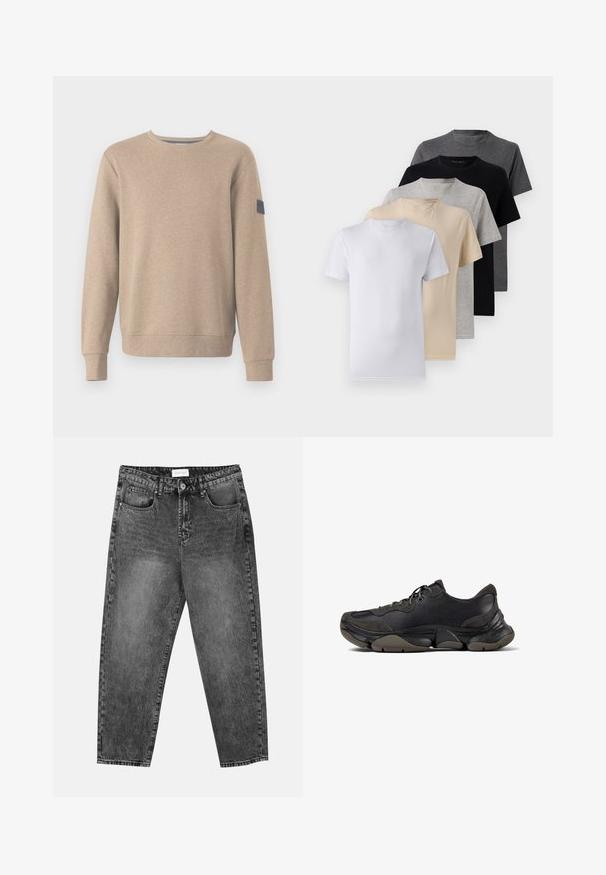 TOM TAILOR STRUCTURED CREW NECK - Sweatshirt - palm cashmere structure; Sæt af fem kortærmede t-shirts i hvid, beige, lys grå, mørk grå og sort. Fremstillet af glat bomuld med rund halsudskæring.; Sorte vasket straight-leg jeans med for- og baglommer, bæltestropper og knaplukning i taljen.; Sort atletisk sneakers med tekstureret sål, overdel i læder og ruskind, polstret krave og snørebånd, vist i sideprofil.