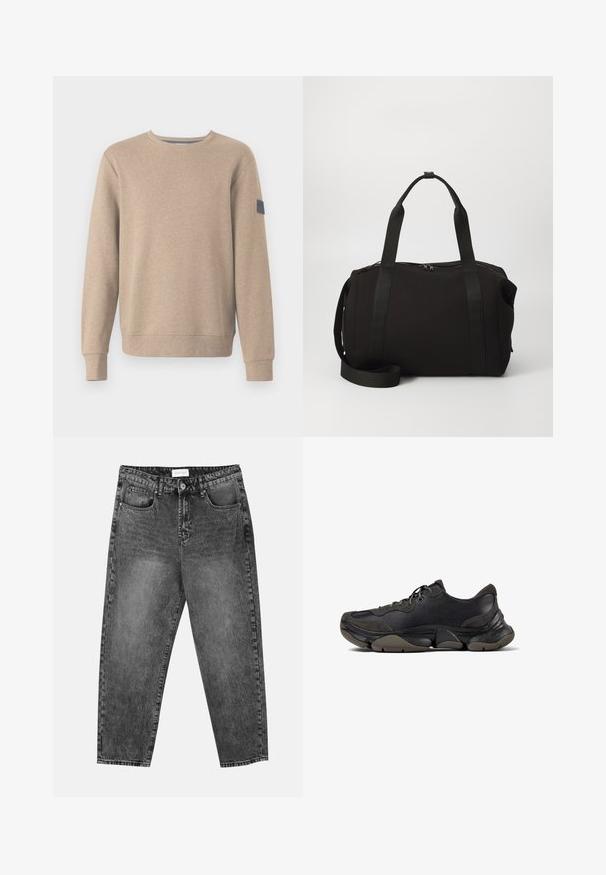 TOM TAILOR STRUCTURED CREW NECK - Sweater - palm cashmere structure; Set van vijf T-shirts met korte mouwen in wit, beige, lichtgrijs, donkergrijs en zwart. Gemaakt van gladde katoen en voorzien van een ronde hals.; Zwart gewassen rechte jeans met voor- en achterzakken, riemlussen en een knoopsluiting in de taille.; Zwarte sportieve sneaker met een gestructureerde zool, leren en suède bovenwerk, gevoerde kraag en vetersluiting, getoond in zijprofiel.; Zwarte sporttas met dikke handvatten en een afneembare schouderband. Gemaakt van een gladde stof, met een ritssluiting en een minimalistisch ontwerp.