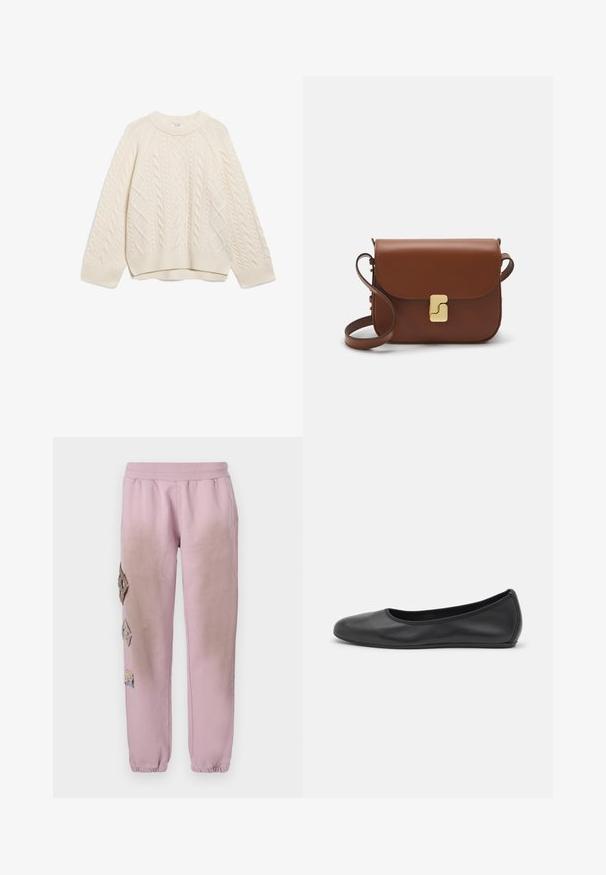 Kreemivärvi kudum, millel on kaabelmustrit, ümmargune kaelus ja soonikkudumisega varrukad. Lühike pikkus ja raglaanvarrukad.; Roosa spordipüksid elastse paelaga vööl, millel on vasakul küljel dekoratiivsed rombikujulised plaastrid ja elastsed mansetid pahkluude juures.; Musthave mustika tantsutossud mustast nahast, ümmarguse varbaga, siledast tekstuurist, minimaalse õmblusdetailiga ja paindliku tallakujundusega.; Pruunist nahast käekott, millel on klapiga sulgur, kuldne riistvara, õlarihm ja sile tekstuur. Kompaktne ristkülikukujuline vorm.