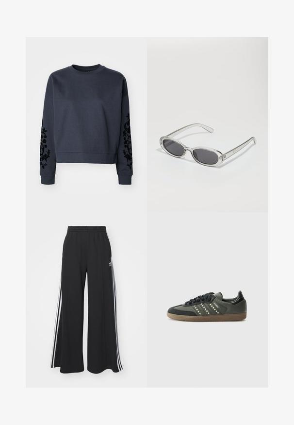 Sötétkék, crop szabású pulóver puha pamutból. Fekete hímzett virágminták díszítik a két ujját, klasszikus környakú kivitelben.; Fekete, bő szárú melegítőnadrág, rugalmas derékkal, fehér oldalsávokkal és hímzett logóval a bal combon.; adidas Originals SAMBA OG - Sportcipő - core black/legend earth/gum; Ovális formájú napszemüveg, átlátszó műanyag keret, sötétszürke lencsék és vékony, átlátszó szárak, logóakkcentussal és minimális díszítéssel.
