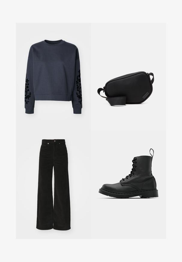 Pullover corto blu navy realizzato in morbido cotone. Presenta motivi floreali neri ricamati su entrambe le maniche e un classico colletto a girocollo.; Pantaloni wide-leg in corduroy neri con vita alta, dotati di due tasche frontali e chiusura con bottone metallico. Tessuto testurizzato con righe verticali.; Stivale da combattimento in pelle nera con punta tonda, chiusura con lacci e linguetta alla caviglia. Presenta una suola in gomma spessa per durabilità.; Borsa a tracolla nera con zip, realizzata in materiale liscio, con forma piatta, una sola tracolla e un piccolo logo in evidenza. Design minimalista.