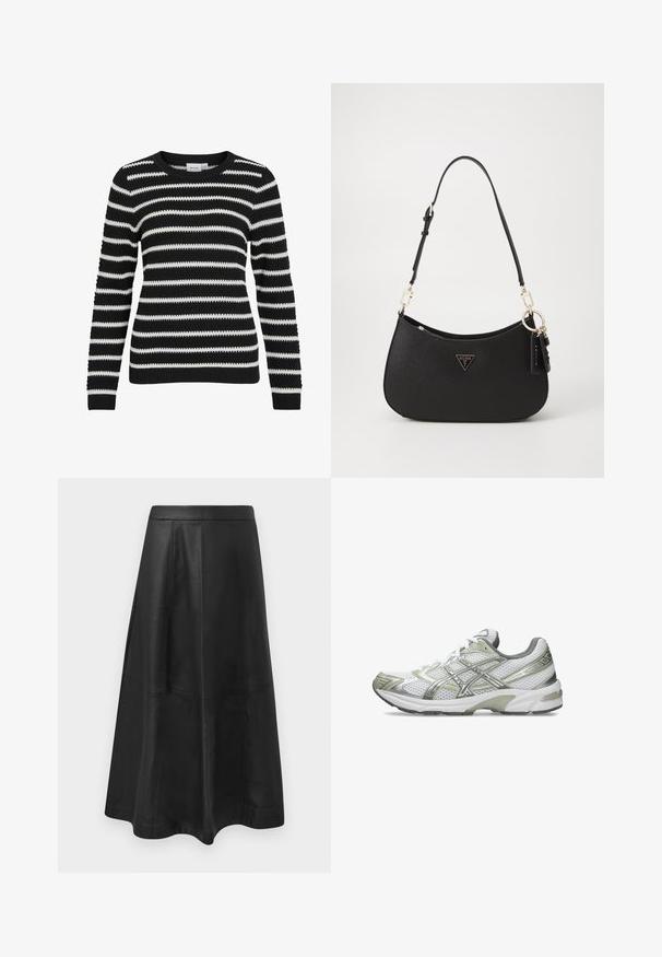 Czarny i biały sweter w paski, dziany teksturą, okrągły dekolt, długie rękawy, ściągacze na mankietach i u dołu, z naprzemiennie szerokimi i wąskimi paskami.; Czarna skórzana spódnica midi o rozkloszowanej sylwetce, z detalami szwów i gładką fakturą. Bez widocznych elementów metalowych ani akcentów.; Białe buty do biegania z siateczkową cholewką, metalicznie srebrnymi akcentami, szarym zapiętkiem i gumową podeszwą. Posiadają teksturowany wzór i sznurowadła.; Czarna torebka syntetyczna o zaokrąglonym kształcie, ze złotymi akcentami i trójkątnym logo. Posiada zamek błyskawiczny oraz regulowany pasek.