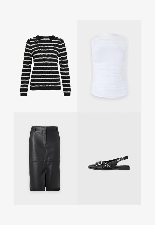 Črno-bela prugasta volna, pletena tekstura, okrogli ovratnik, dolgi rokavi, rebrasti manšeti in rob, z izmeničnimi širokimi in ozkimi prugami.; Bela brezrokavna majica iz gladkega, elastičnega materiala z nabiranjem ob straneh, s krožnim izrezom in oprijetim krojem.; Črna usnjena svinčnik krila s sprednjim razporkom, ki ima gladko teksturo, dve stranski žepek in prilegajočo silhueto.; Črne usnjene slingback čevlje s koničastim nosom, dvema srebrnima zaponkama in nizkim blokastim peto. Imajo teksturirano zgornji del in odprto zadnjo stran.
