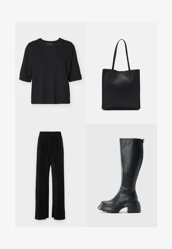 Top nero a maniche corte in maglia con scollo tondo, caratterizzato da un taglio dritto e polsini risvoltati, realizzato in un materiale liscio e morbido.; Pantaloni neri a plissé con vita elasticizzata. Presentano gamba ampia e un tessuto liscio e texture con strisce verticali.; Stivale lungo in pelle nera con suola piatta robusta e tacco a blocco, dotato di linguetta e battistrada testurizzato sulla suola.; Borsa tote in pelle nera con texture liscia, forma rettangolare e due manici lunghi. Nessun hardware o decorazione visibile.