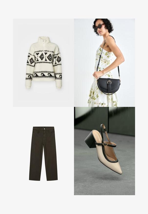 Polarowy półgolf w kremowym kolorze z czarnymi wzorami tribalnymi. Posiada zamek błyskawiczny do połowy kołnierza i długie rękawy. Miękka tekstura i luźny krój.; Ciemnozielone spodnie dżinsowe typu wide-leg wykonane z mieszanki bawełny, z zamkiem na guzik z przodu, pięcioma kieszeniami i klasycznym przeszyciem dżinsowym.; Beżowe buty typu slingback z ostrym noskiem, czarnym wykończeniem, złotą klamrą i grubym obcasem na szarym podłożu z ciemnozielonym tłem.; Czarna skórzana torebka o zakrzywionym kształcie, z odpinanym paskiem i złotymi akcentami. Torebka posiada klapę z zapięciem w kształcie klamry.
