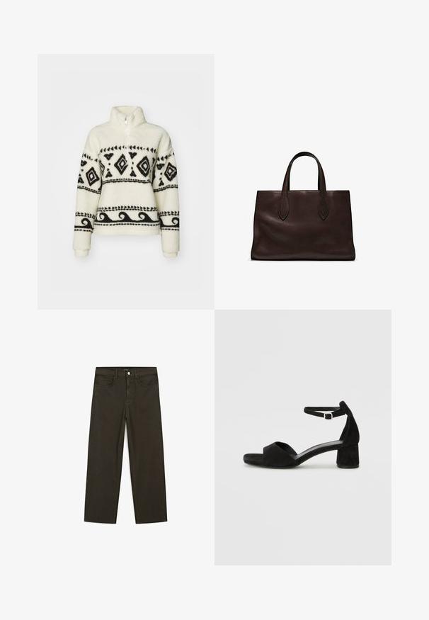 Pullover in pile color crema con motivi tribali neri. Presenta un collo con mezza zip e maniche lunghe. Texture morbida e vestibilità rilassata.; Jeans a gamba larga di colore verde scuro, realizzati in tessuto misto cotone, dotati di chiusura con bottone frontale, cinque tasche e cuciture classiche in denim.; Sandali con tacco in suede nero, con una sottile fascia alla caviglia, design open toe e un discreto tacco a blocco. Texture liscia e decorazioni minime.; Borsa a spalla in pelle marrone con due manici lunghi, forma rettangolare strutturata, texture liscia e dettagli di cucitura sottili.