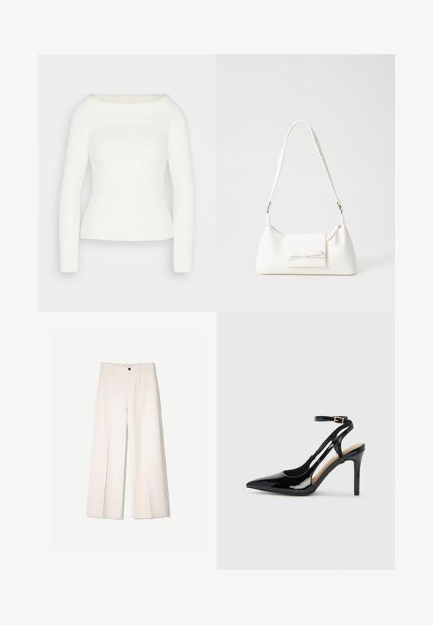 Witte off-the-shoulder trui met lange mouwen, gebreide structuur en aansluitende pasvorm. Zacht, cozy stof zonder zichtbare patronen of accenten.; Crème brede broek met een tailored ontwerp, voorzien van twee voorzakken en een enkele sluiting met een knop aan de voorkant, gemaakt van een gladde stof.; Zwarte lakleren hoge hak slingback schoenen met spitse neus, verstelbare enkelband en open zijkanten. Gladde textuur.; Witte synthetische handtas met een driehoekige vorm, platte voorklep en strikdetail, verstelbare schouderriem, gladde textuur en minimalistisch ontwerp.