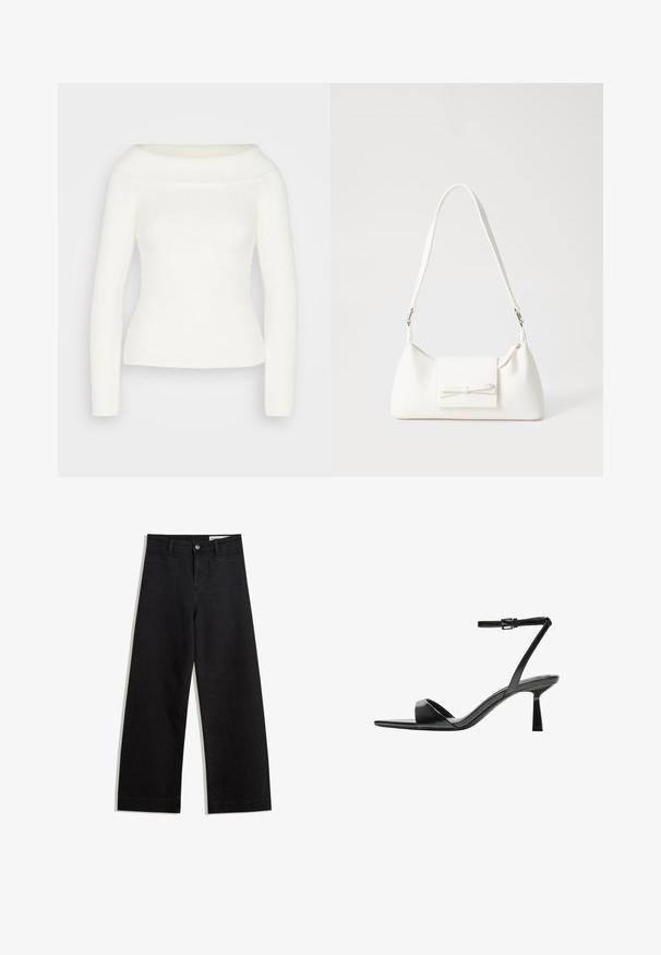 Bijela off-the-shoulder majica sa dugim rukavima, rebrastog tekstura i prilagođenog kroja. Mekani, udobni materijal bez vidljivih uzoraka ili dodataka.; Crne široke traperice s visokim strukom, s prednjim i stražnjim džepovima, šivenim šavovima i kopčanjem na gumb. Glatka tekstura.; Bershka Sandale s visokom petom - black; Bijela sintetička torbica s trokutastim oblikom, ravnim prednjim poklopcem i detaljem u obliku mašne, podesivom remenom, glatkom teksturom i minimalističkim dizajnom.