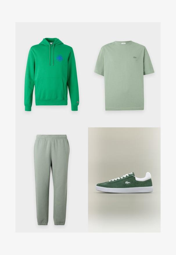 Vihreä huppari, jossa on kengurupuoli, nyörillinen huppu ja purppura brodeerattu logo rinnassa. Kaarroket ja helma ovat ribatut. Pehmeä pinta.; Vaaleanvihreä lyhythihainen T-paita, joka on valmistettu puuvillasta. Paidassa on pieni brodeerattu logo rinnassa ja pyöreä kaula-aukko.; Vaaleanvihreät collegehousut, joissa on joustava vyötärö, kapenevat lahkeet ja resorit nilkoissa. Valmistettu pehmeästä, kevyestä kankaasta.; Matalinen, vihreä nubukkenkä, jossa on valkoiset nauhat, valkoinen pohja, pehmustettu kantaluukku ja brodeerattu krokotiililogo, jossa on teksti "EST. 1933".