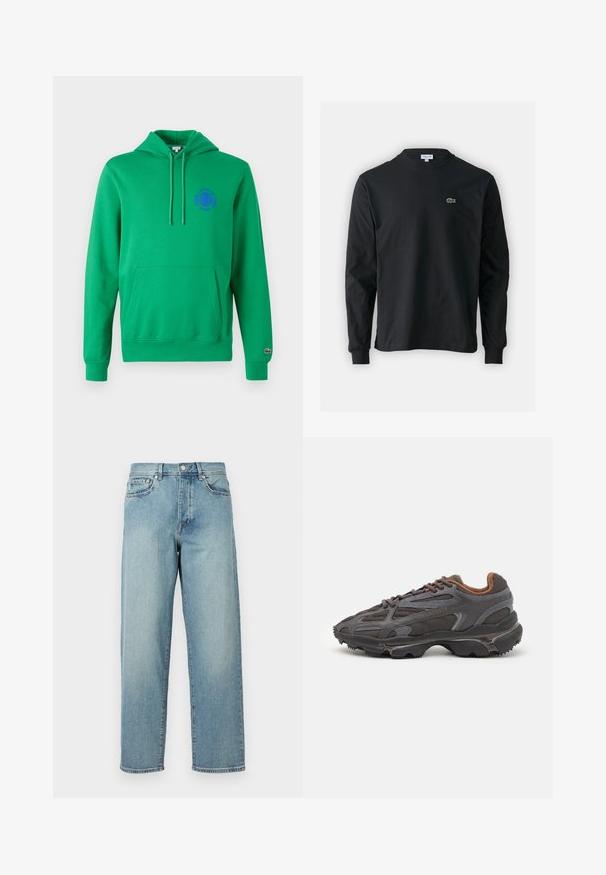Felpa verde con tasca a marsupio, cappuccio con cordoncino e logo ricamato viola sul petto. Polsini e orlo a coste. Tessuto morbido.; T-shirt a maniche lunghe nera in cotone, con scollatura rotonda e un piccolo logo di coccodrillo ricamato in verde sul lato sinistro del petto.; Jeans di denim azzurro chiaro con una vestibilità ampia, gambe dritte, design a cinque tasche e chiusura con bottone in vita. Dettagli di cucitura minimalista.; Sneaker Lacoste grigie scure in materiale mesh e sintetico, con suola testurizzata e dettagli marroni sul colletto e sul branding.