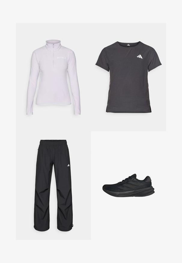 Ljuslila fleecepullover med dragkedja i kragen. Har långa ärmar och en vit logotyp på vänster bröst. Mjuk textur.; Kortärmad atletisk t-shirt, mörkgrå med perforerad textur. Har en vit logotyp och kontrasterande sidostripes. Rundad halsringning.; Svarta, lätta, vattentäta byxor med elastisk midja, sidofickor och justerbara muddar. Har en vit logotyp på vänster lår.; Svarta sportskor med överdel i mesh, strömlinjeformad form, platt sula och tre diagonala ränder på sidan. Lättviktig design för komfort.