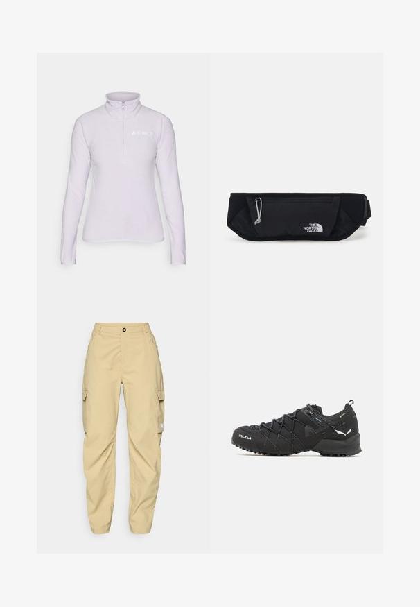 Pullover in fleece di colore viola chiaro con colletto a zip. Presenta maniche lunghe e un logo bianco nella zona del petto sinistro. Texture morbida.; The North Face EXPLORATION CARGO PANTS - Pantaloni outdoor - khaki stone; Scarpe da trekking nere con tomaia in tessuto testurizzato, sistema di allacciatura e suola in gomma robusta. Accentuate da dettagli riflettenti e loghi.; The North Face SUNRISER RUN BELT UNISEX - Marsupio - black/white
