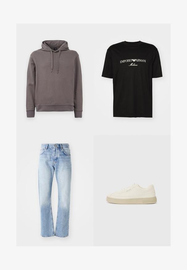 Grå hettegenser med frontlomme, justerbare snorer og brodert logotekst. Laget av myk bomullsblanding.; Svart bomulls T-skjorte med rund hals, korte ermer og "EMPORIO ARMANI" logo i hvitt over "Milano" i en buet design.; Lyse blå denimjeans med rett ben. Har fem lommer, knappestolpe og en falmet tekstur mot bunnen.; Hvite lerrets sneakers med en teksturert gummisåle, med en sydd tåhette og logo aksent på hælen. Enkel snøring.