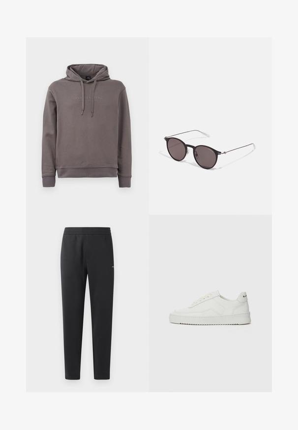 Felpa grigia con tasca a marsupio frontale, corde regolabili e testo del logo ricamato. Realizzata in un morbido tessuto misto cotone.; Pantaloni jogger neri realizzati in tessuto morbido, con vita elasticizzata, gambe dritte e un piccolo logo sulla parte laterale.; Sneaker in pelle bianca con una finitura liscia, punta rotonda, lacci piatti e suola testurizzata. Presenta un logo discreto sul tallone.; Occhiali da sole neri rotondi con lenti scure e sottili bracci in metallo. Include punte trasparenti e accenti argentati alla cerniera. Design minimalista.