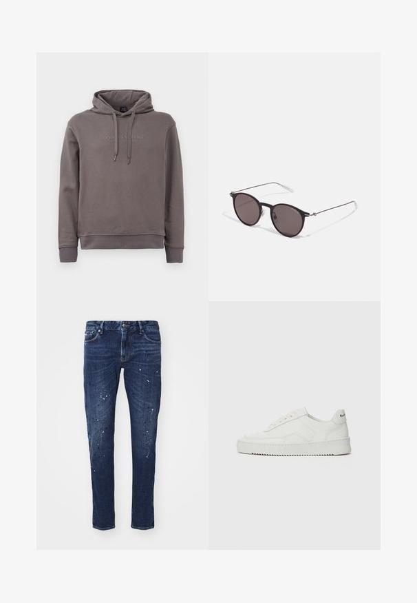 Felpa grigia con tasca a marsupio frontale, corde regolabili e testo del logo ricamato. Realizzata in un morbido tessuto misto cotone.; Jeans in denim blu scuro con vestibilità slim, caratterizzati da schizzi di vernice, cuciture visibili e design classico a cinque tasche. Taglio dritto.; Sneaker in pelle bianca con una finitura liscia, punta rotonda, lacci piatti e suola testurizzata. Presenta un logo discreto sul tallone.; Occhiali da sole neri rotondi con lenti scure e sottili bracci in metallo. Include punte trasparenti e accenti argentati alla cerniera. Design minimalista.
