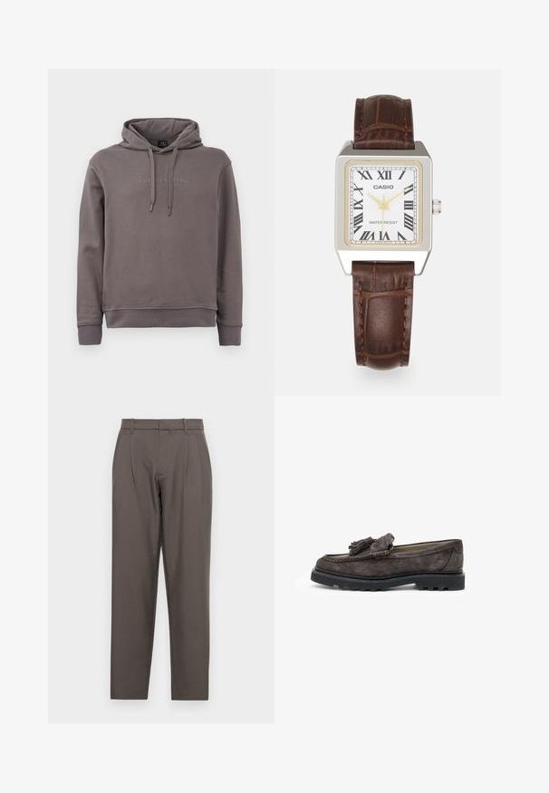 Grijze hoodie met een voorzak in kangoeroestijl, verstelbare trekkoorden en geborduurde logotekst. Gemaakt van een zacht katoenmix stof.; Jack & Jones JPSTBILL JJDAYTONA WIDE - Broek - pavement; Donkergrijze suede loafers met een franje accent aan de voorkant, platte rubberen zool en contrasterende stiksels langs de rand.; Casio rechthoekige horloge met een witte wijzerplaat, gouden accenten, Romeinse cijfers en een bruine lederen band met krokodillenpatroon. Waterbestendig ontwerp.
