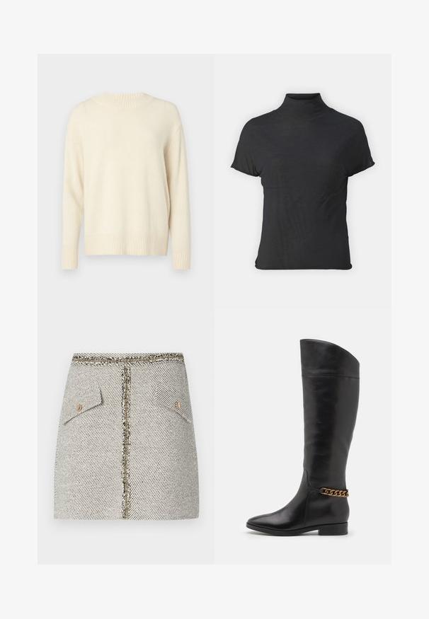 Cremfarbener Strickpullover mit rundem Halsausschnitt, langen Ärmeln und gerippten Bündchen und Saum. Weiche Textur und lockere Passform. Keine sichtbaren Muster.; Schwarzes, kurzärmliges Turtleneck-Oberteil aus leichtem Stoff mit glatter Textur und figurbetonter Passform, ausgestattet mit einem hohen Kragen.; Wolltweed-Rock im weißen und schwarzen Fischgrätenmuster, verfügt über zwei Fronttaschen und einen Reißverschluss in goldfarbener Optik auf der Rückseite mit fransigen Kanten.; Hohe schwarze Lederstiefel mit elegantem Design, spitzer Zehe und einem goldenen Kettenakzent am Knöchel. Tiefer Blockabsatz. Glatte Textur.